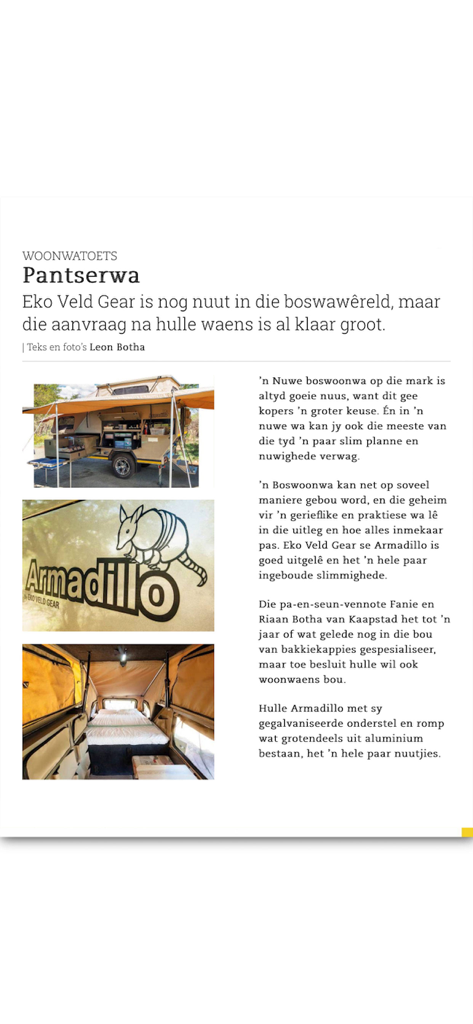 A digital magazine article from Weg! Ry and Sleep featuring a technical review of the Armadillo off-road camper trailer