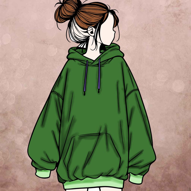 realistic girl with a oversized sweatshirt on and a bun