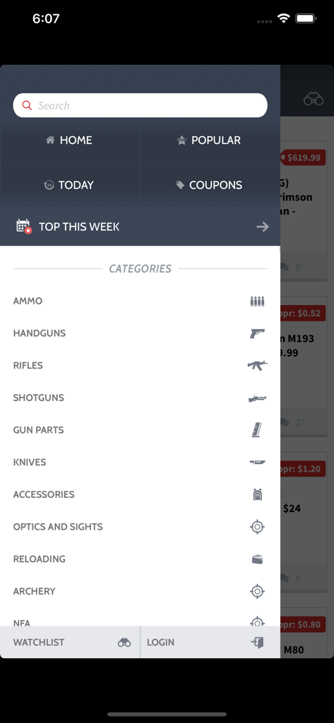 Side menu of the gun.deals app showing shopping categories for ammunition and firearms