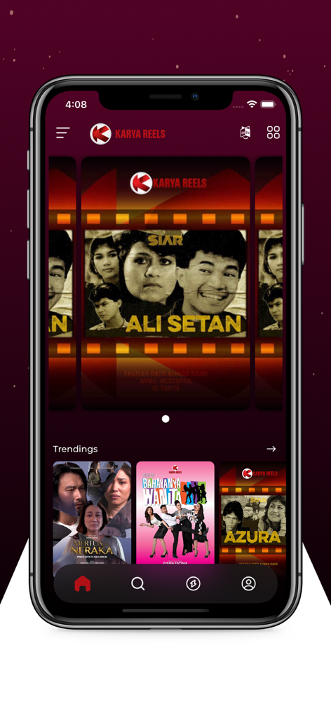 Karya Reels - The home screen of Karya Reels mobile app featuring trending Malaysian films and original short-form dramas like Ali Setan and Azura.