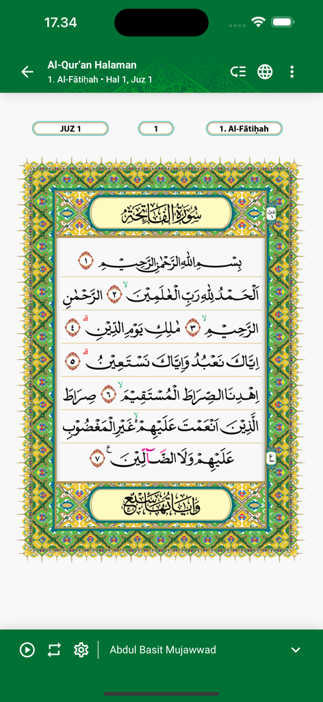 Surah Al-Fatihah displayed in the Quran Kemenag mobile app with audio player controls