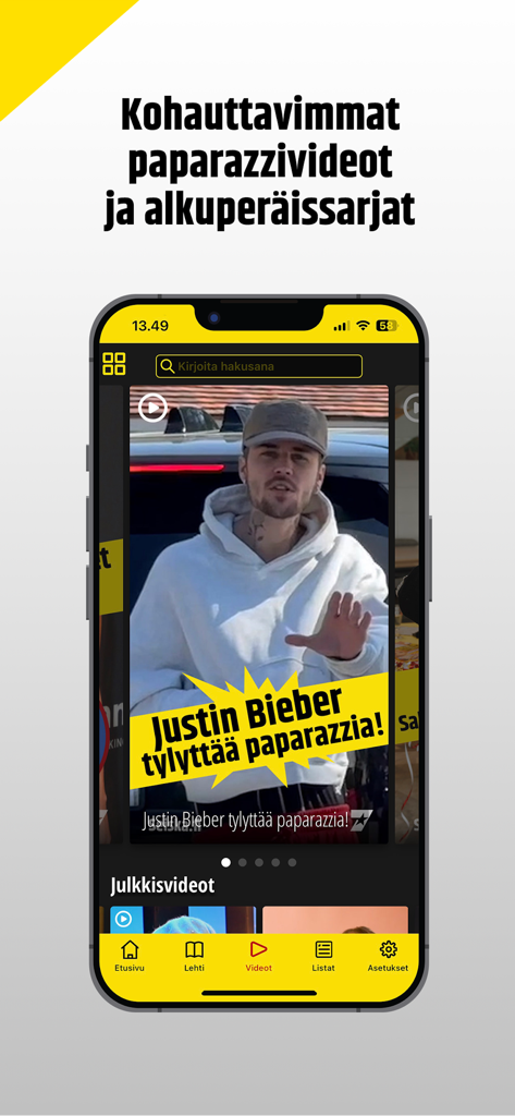 Seiska app interface showing a paparazzi video feature on Justin Bieber