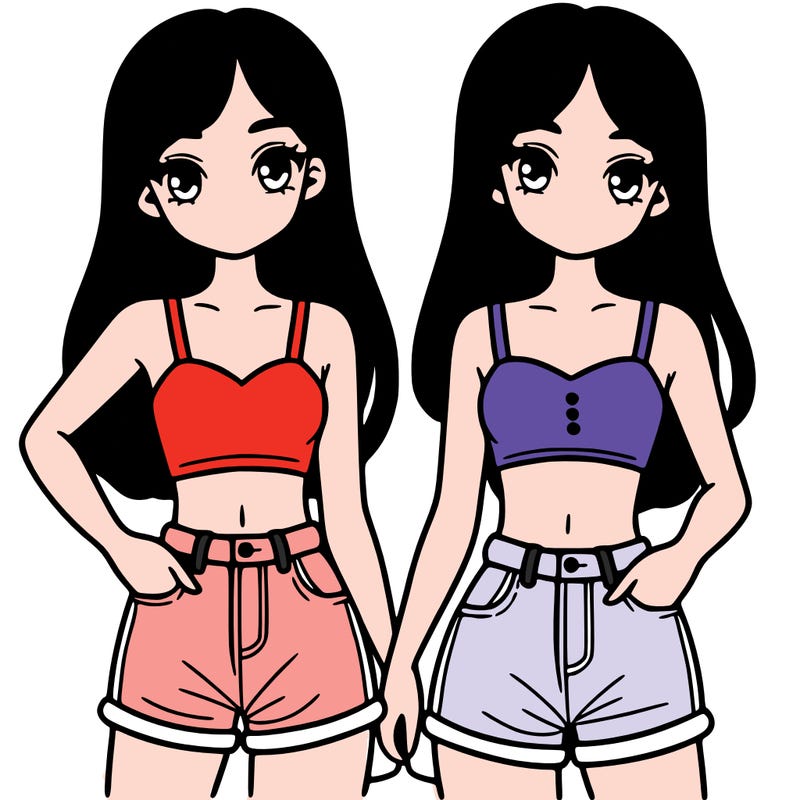 two sisters with crop tops and jean shorts and straight hair