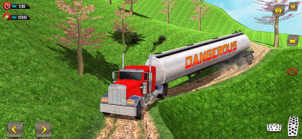 Oil Tanker Transporter Driving - A red semi truck pulling a silver tanker labeled dangerous on a narrow dirt path through green hills