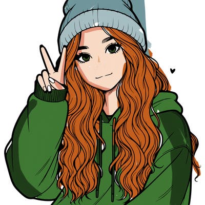 a teenage girl in a beanie, oversized sweatshirt, wavy long hair, and is showing a ✌️