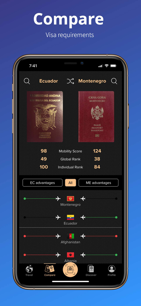 Passport Index app screen comparing mobility scores and visa requirements for Ecuador and Montenegro.