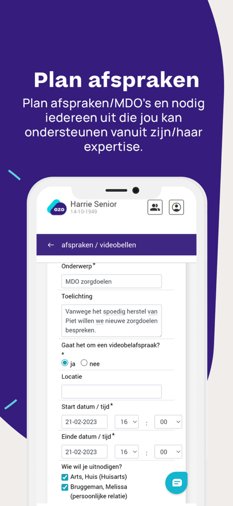 Mobile app screen for planning healthcare appointments and video calls with medical professionals and family members