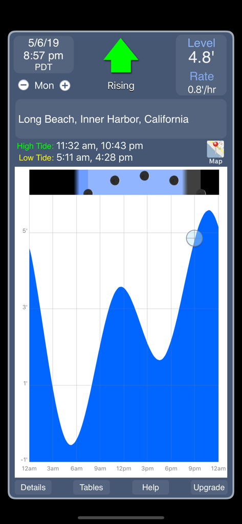 Tide Graph app displaying an interactive tide chart and water level predictions for Long Beach California.