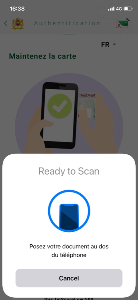هويتي الرقمية | Mon e-ID - Interface de l'application Mon e-ID affichant une invite pour scanner une carte d'identité électronique marocaine via NFC.