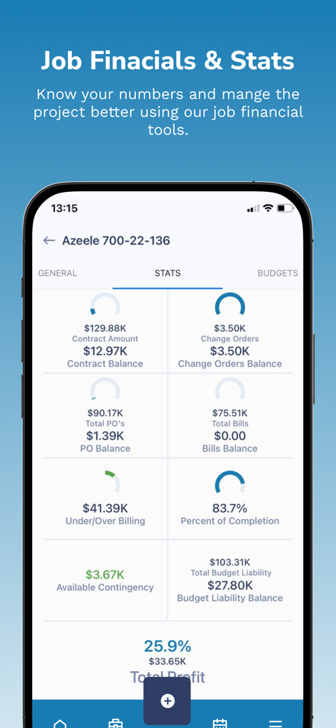 BidBuild 앱 대시보드, 건설 프로젝트 재무 통계 및 예산 모니터링 표시