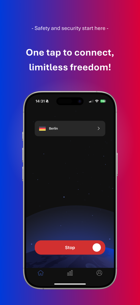 Lightning Cat VPN: Fast & Safe - Lightning Cat VPN mobile interface showing a one-tap connection screen with Berlin server selected on an iPhone