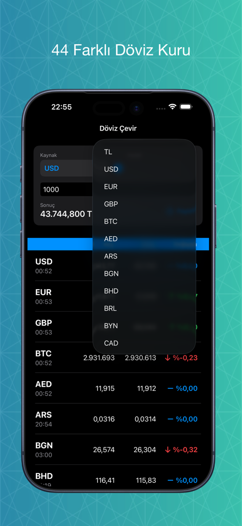 Döviz Çevir - Anlık kur - Mobile app screen showing a currency selection dropdown with various global exchange rates against the Turkish Lira.