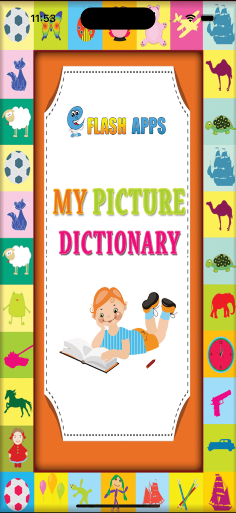 Home screen of Kids Picture Dictionary app featuring a child reading and colorful illustration borders.