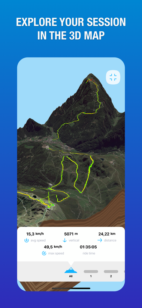 Ski & snowboard tracker - Carte de montagne 3D de l'application Snowduck affichant une trace de ski enregistrée et des statistiques de performance.