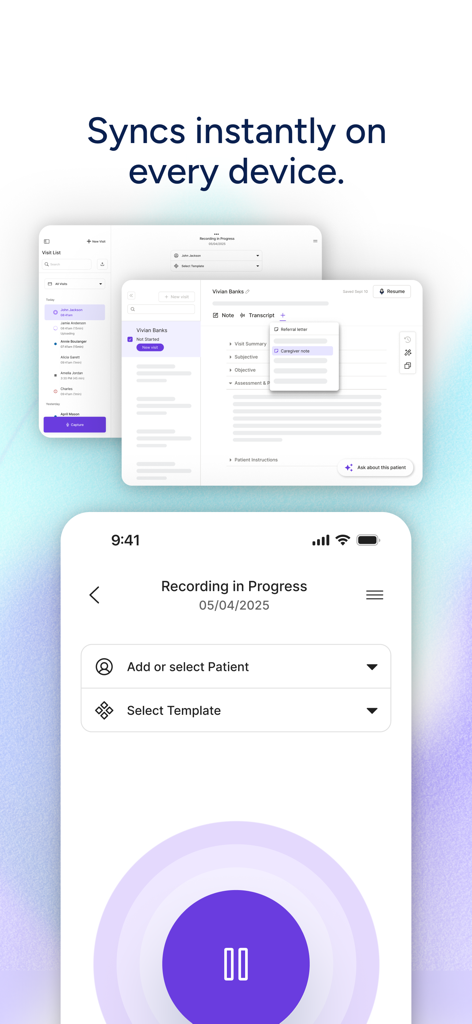 Freed AI Clinician Assistant interface showing instant data synchronization between mobile and desktop devices