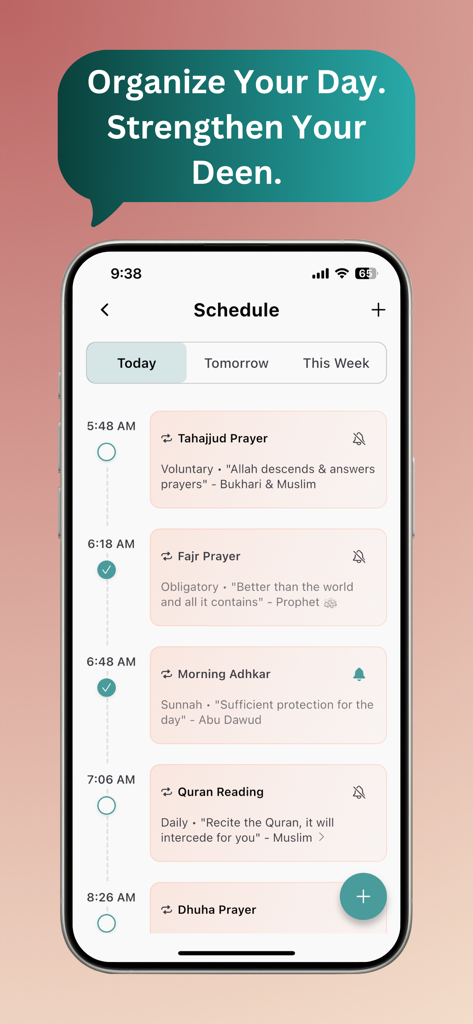 Tasleem app interface showing a daily Islamic schedule with prayer times and religious habit tracking