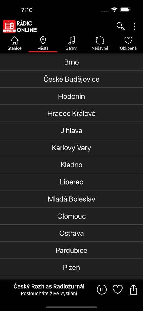 Mobile app screen showing a list of Czech cities to browse local radio stations