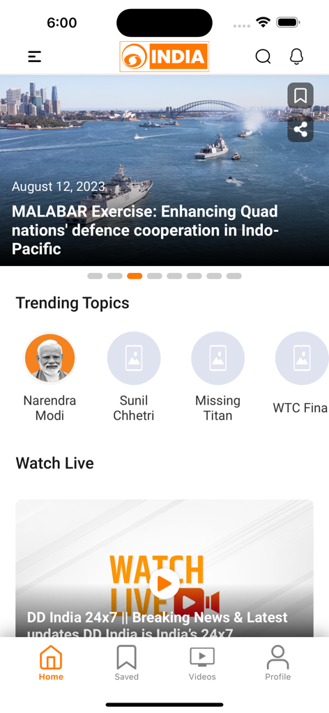 DDIndia - The home screen of the DD India news app showing a headline about the Malabar Exercise and a trending topics section featuring Narendra Modi.