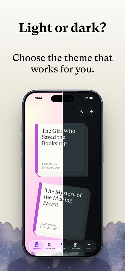 Split screen view of Sudowrite app showing light and dark mode interface with novel projects