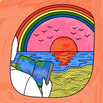 a sun set with water below and the sand wit birds in the sky and a half 🌈