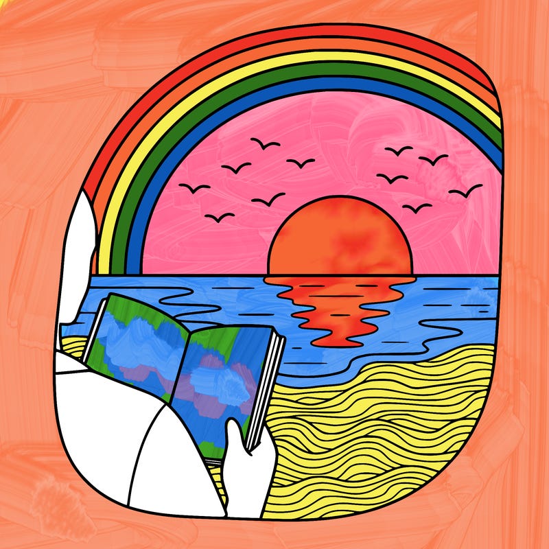 a sun set with water below and the sand wit birds in the sky and a half 🌈