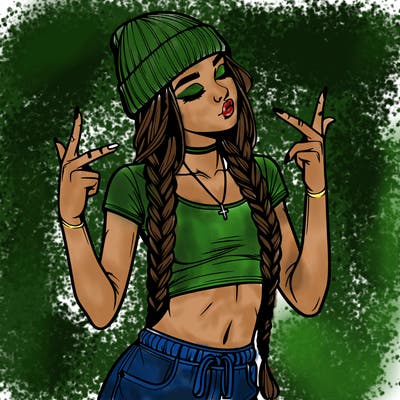 realistic teenage girl with braids and a beanie and crop top doing 🫶🏼