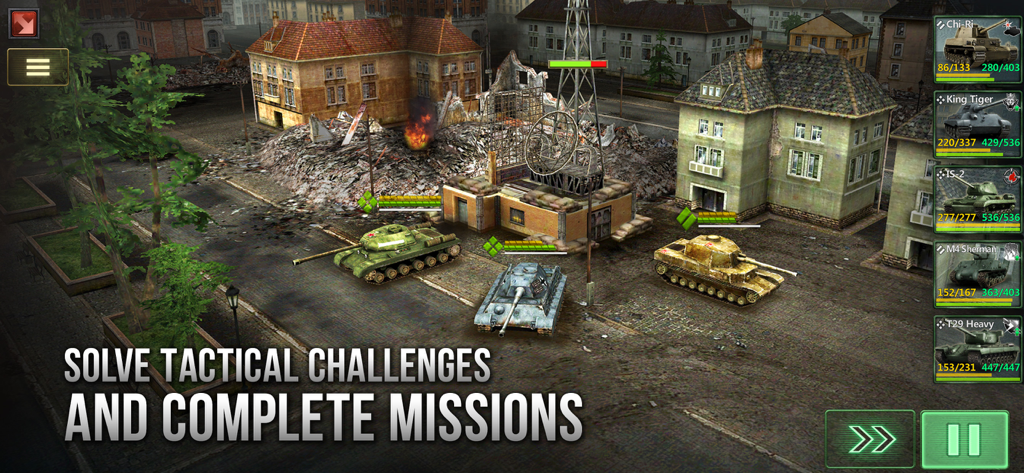 A squad of historical tanks navigating a ruined city during a tactical mission in Armor Age Tank Wars.