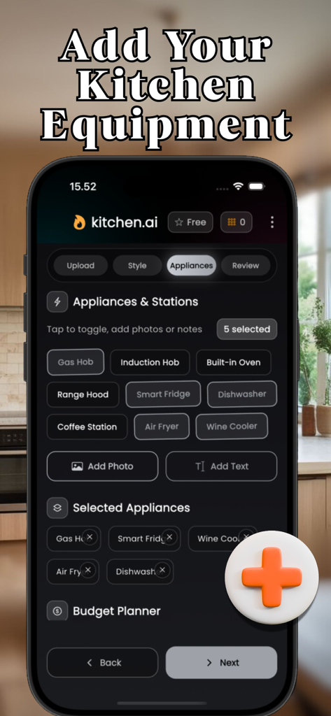 AI Kitchen Designer & Budget - Oberfläche einer mobilen App zur Auswahl von Küchengeräten und Stationen im KI Küchenplaner