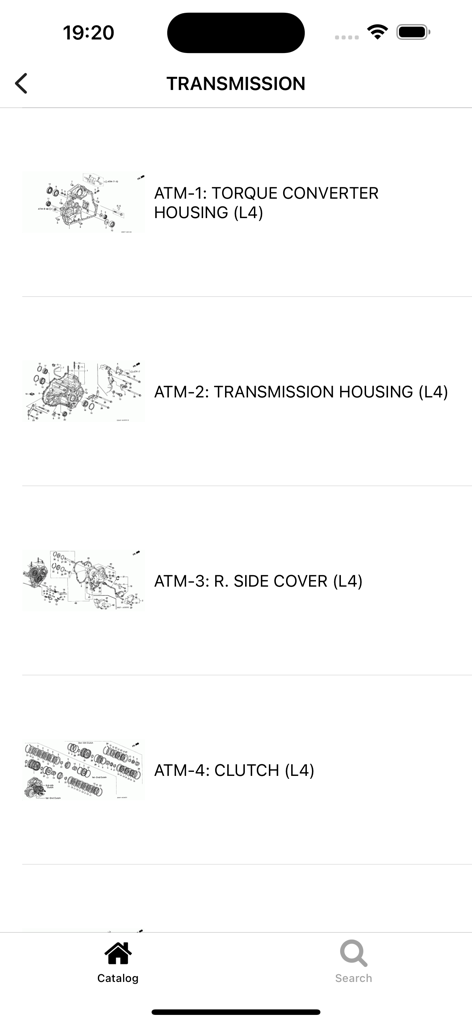 Lista de categorías de piezas de transmisión Honda con diagramas técnicos en la aplicación EPC.