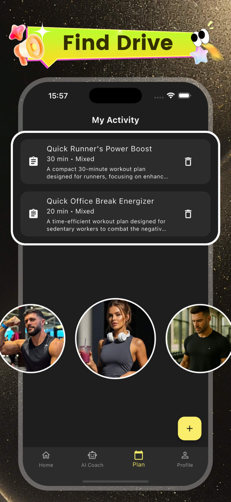 A screenshot of the Prata app showing personalized workout activity plans like Runners Power Boost and Office Break Energizer.