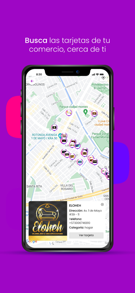 meishi wallet - Map view in Meishi Wallet app showing nearby stores with digital loyalty cards.