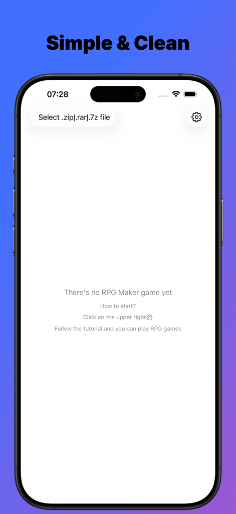 Main interface of RPGEmu app showing the option to import RPG Maker game files on iPhone.