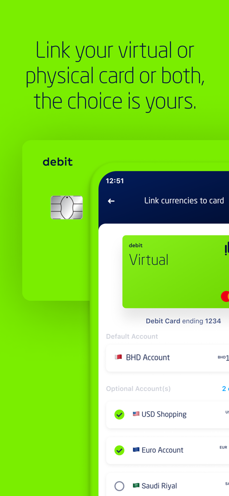 Interface of the ila Bank app showing the option to link multiple currency accounts like USD and Euro to a debit card