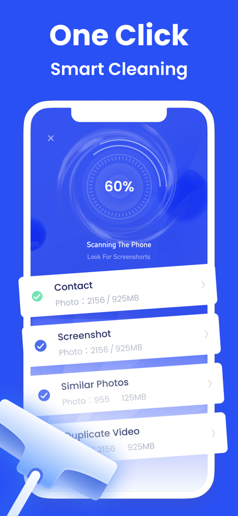 Clean Master: Clean Storage - Pantalla de iPhone mostrando la aplicación Clean Master realizando un escaneo de limpieza inteligente con un solo clic para encontrar fotos y capturas de pantalla duplicadas.