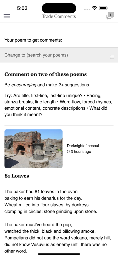 Allpoetry Poetry.app - A interface de troca de comentários no aplicativo Allpoetry mostrando diretrizes para feedback encorajador e um poema intitulado 81 Loaves.
