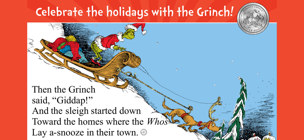 How the Grinch Stole Christmas - デジタル絵本アプリより、そりに乗ったグリンチと愛犬マックスのイラスト。
