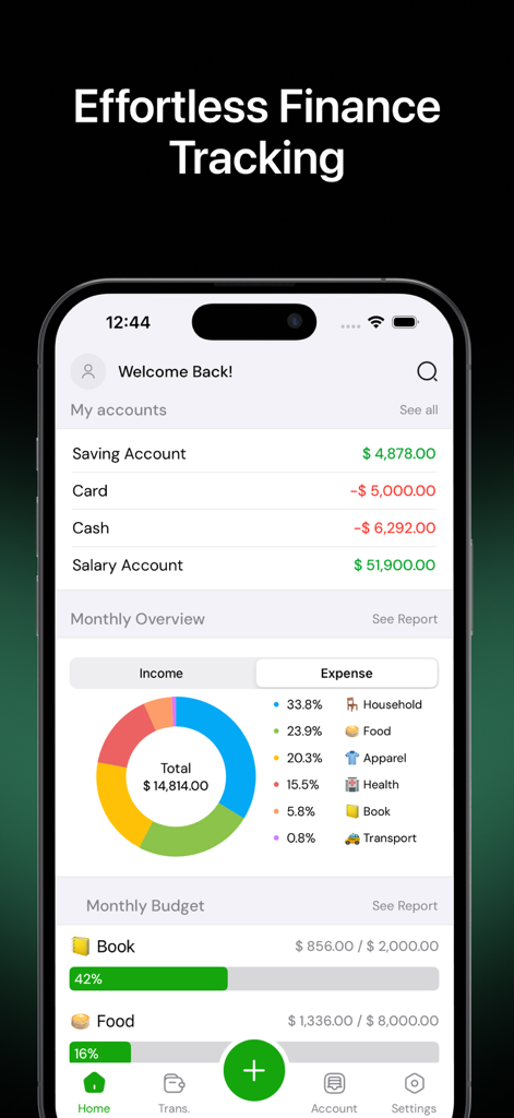 Panel de la aplicación Money Manager mostrando saldos de cuentas y gráficos de categorías de gastos