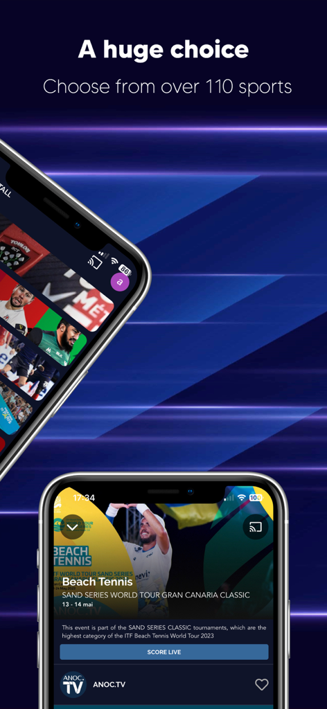 Sportall - Sportall mobile app interface showing a wide selection of over 110 sports and a live beach tennis event