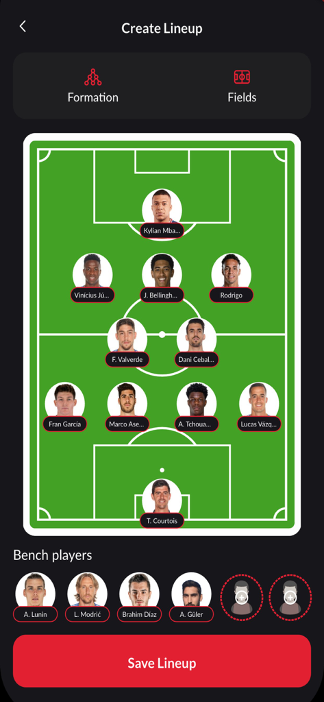 Interface digital de quadro tático de futebol para criar escalões e formações de equipa com fotos de jogadores