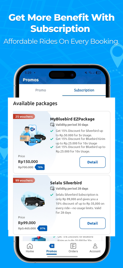 The MyBluebird app interface showing various ride subscription and discount packages for Silverbird and Bluebird taxi services in Indonesia.