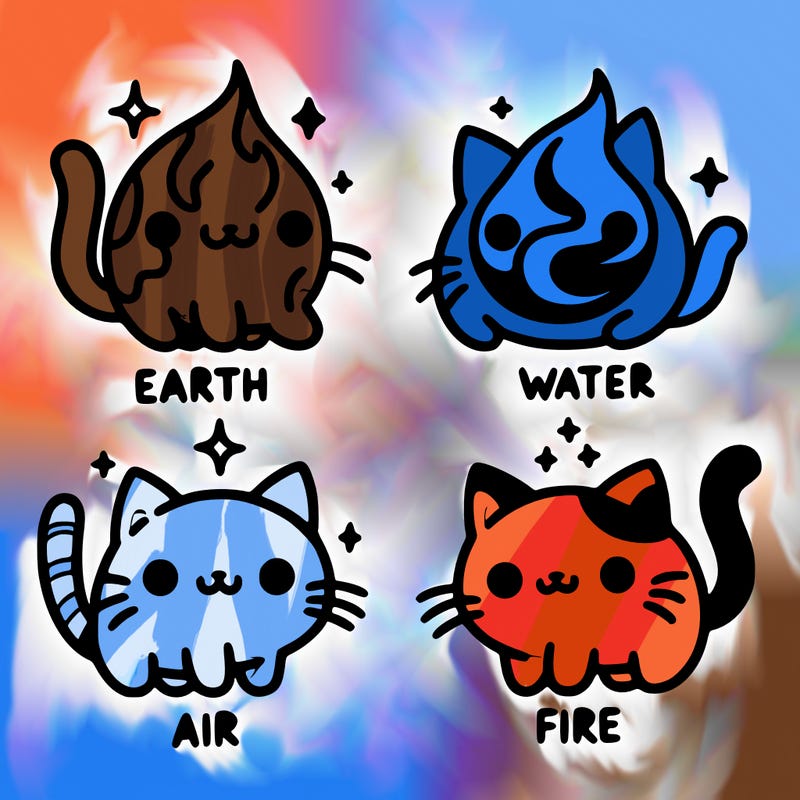 4 cats that represent the different elements, earth, water, air, and fire