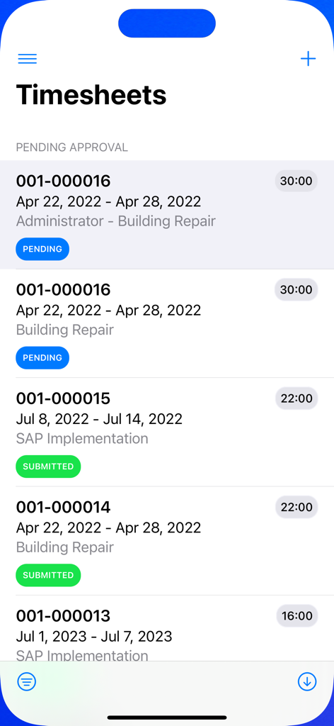 Time Entry for Business - Interfaz de la aplicación móvil que muestra una lista de hojas de tiempo de proyectos con horas y etiquetas de estado