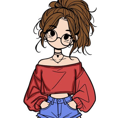 girl with a messy ponytail glasses a baggy crop top and jean shorts