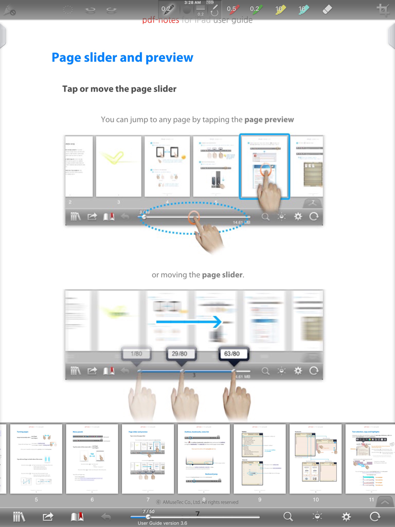 pdf-notes for iPad (ads) - Page du guide utilisateur expliquant les fonctionnalités de navigation par curseur et prévisualisation dans l'application iPad pdf-notes.