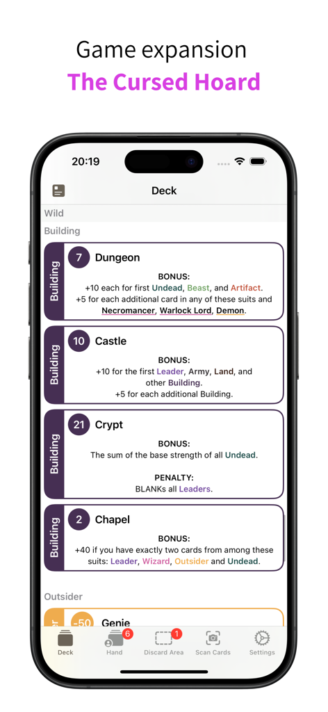 Fantasy Scoring - Fantasy Scoring app deck view displaying cards from The Cursed Hoard expansion