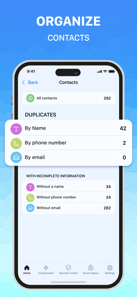 Opti Cleaner & Optimizer - Opti Cleaner app screen showing contact organization and duplicate detection features