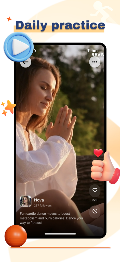 Fitlite - Share & Chat - Fitlite 앱 인터페이스의 스크린샷으로, 소셜 상호 작용 아이콘과 함께 명상하는 여성의 일상 운동 동영상을 보여줍니다.