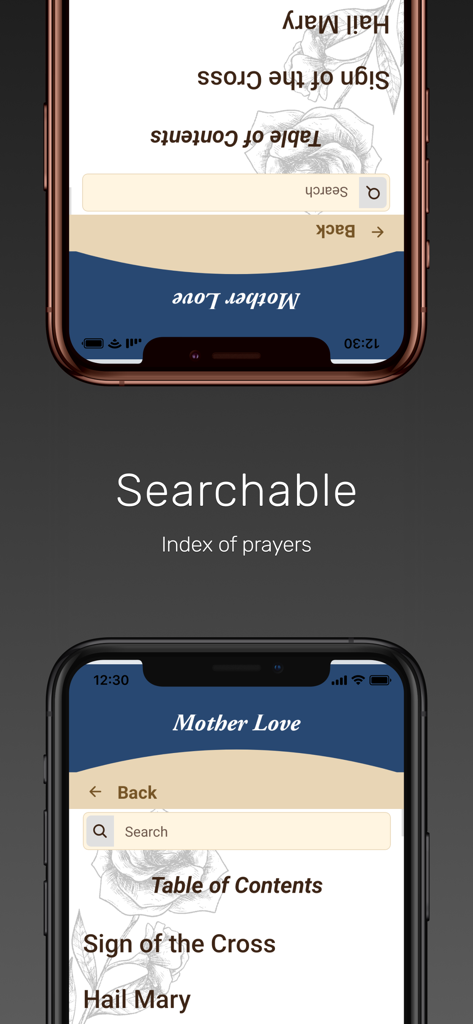 Mother Love - Searchable index of Catholic prayers in the Mother Love app interface