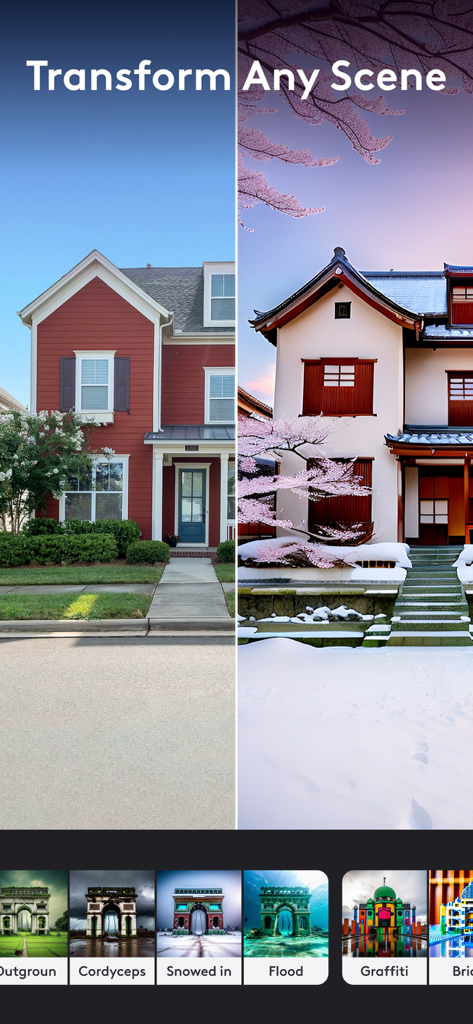 Vorher-Nachher-Vergleich eines Vorstadthauses, das mit Photoleap AI in eine verschneite japanische Landschaft verwandelt wurde