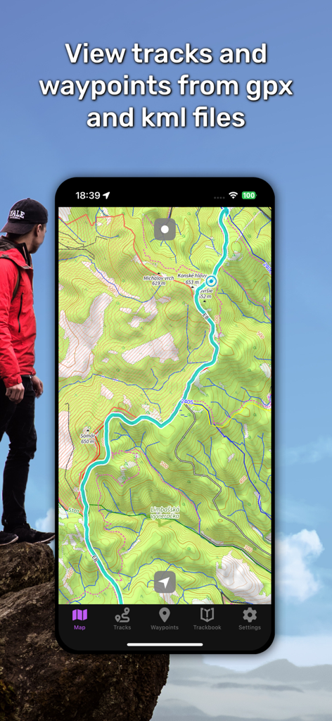 GPX Viewer PRO - Uma tela de smartphone exibindo uma trilha de caminhada turquesa em um mapa topográfico detalhado dentro do aplicativo GPX Viewer PRO.